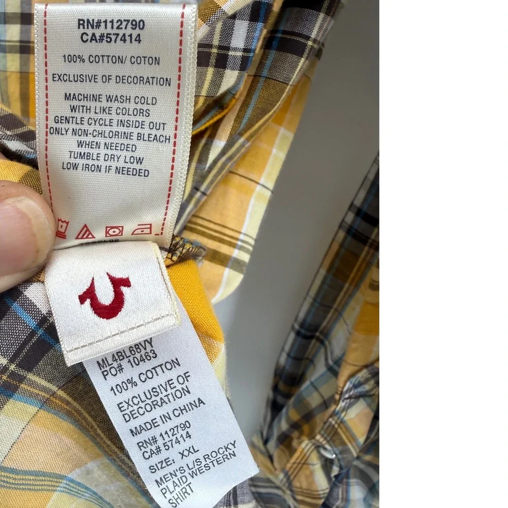 True Religion Mens‎ Rocky Plaid Western Pearl Snap Shirt Yellow Brown XXL Cotton